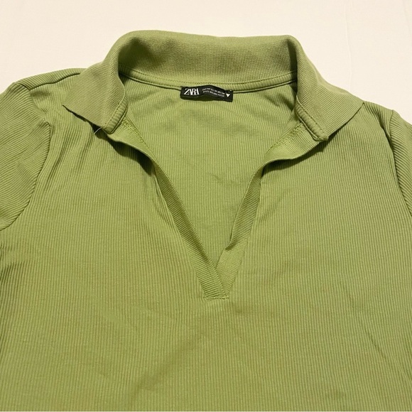 Zara Green Long Sleeve Crop Top Collard Shirt Size Medium - Picture 3 of 15